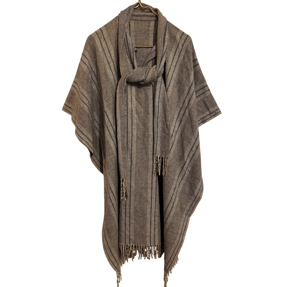 Vintage Brown Wool Striped Fringed Poncho Wrap with Scarf